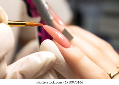 Nail extension on special paper forms with gel of long nails of a young girl by a manicure master in a beauty salon. Space for text