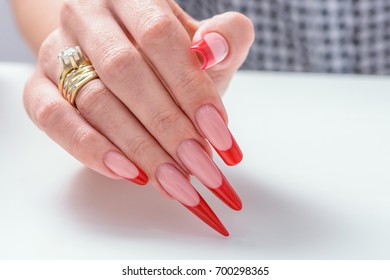 Nail Polish  Art Manicure  Modern style red black gradient Nail Polish  Beauty hands and Stylish Colorful trendy Nails isolated white background