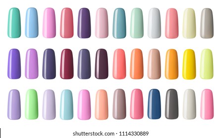 Nail polish in different fashion color. Colorful nail lacquer in tips isolated white background.