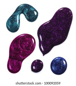 Nail Polish, Glitter Paint Spills Isolated On White