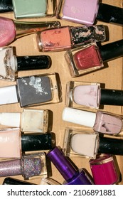 Nail Polish For Painting Nails.A Variety Of Varnishes Background.Different Types Of Paint And Varnish Materials.