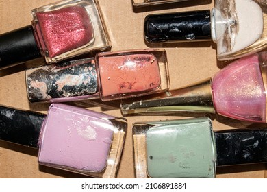 Nail Polish For Painting Nails.A Variety Of Varnishes Background.Different Types Of Paint And Varnish Materials.