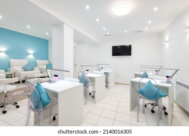 Nail Salon Bright Interior, Modern Manicure Shop Or Spa Room. Inside Beauty Studio With White Design. Clean Empty Trendy Nail Salon. Moscow - Jan 31, 2018