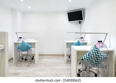 Nail Salon Bright Interior, Modern Small Manicure Shop Or Spa Room. Inside Beauty Studio With White Design. Clean Empty Trendy Nail Salon. Moscow - Jan 31, 2018