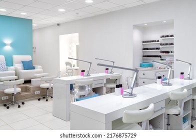 Nail Salon Bright Interior, Panorama Of Modern Manicure Shop. Inside Beauty Studio, Spa Room With White Design. Clean Empty Trendy Nail Salon. Cosmetic Service And Store Theme. Moscow - Feb 7, 2019