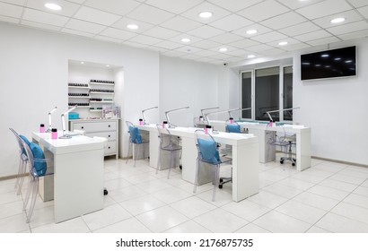 Nail Salon Bright Interior, Panorama Of Modern Manicure Shop. Inside Beauty Studio, Spa Room With White Design. Clean Empty Trendy Nail Salon. Cosmetic Service And Store Theme. Moscow - Feb 7, 2019