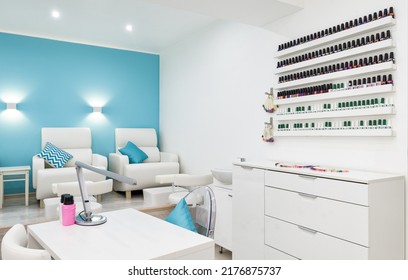 Nail Salon Bright Interior, Panorama Of Modern Manicure Shop. Inside Beauty Studio, Spa Room With White Design. Clean Empty Trendy Nail Salon. Cosmetic Service And Store Theme. Moscow - Feb 7, 2019