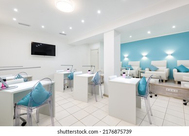 Nail Salon Bright Interior, Panorama Of Modern Manicure Shop. Inside Beauty Studio, Spa Room With White Design. Clean Empty Trendy Nail Salon. Cosmetic Service And Store Theme. Moscow - Feb 7, 2019