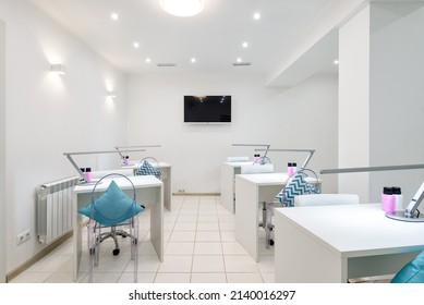 Nail Salon Interior, Modern Small Manicure Shop Or Spa Room. Inside Beauty Studio With Bright White Design. Clean Empty Trendy Nail Salon. Moscow - Jan 31, 2018