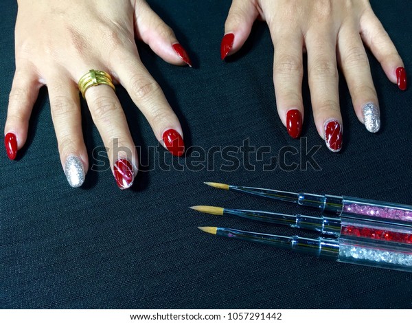 Nails Art Marble Nail Red Gel Royalty Free Stock Image