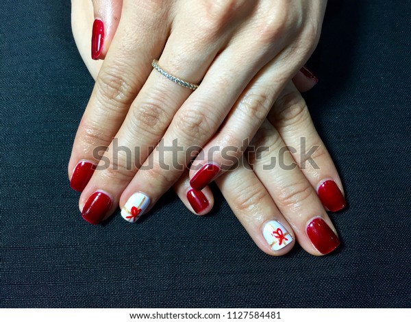 Nails Art Woman Red Manicure Bow Stock Photo Edit Now 1127584481