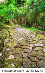 The Nakasendo ancient trailway at Ochiai cobblestone path in rural Kiso Valley, Gifu Prefecture, japan.