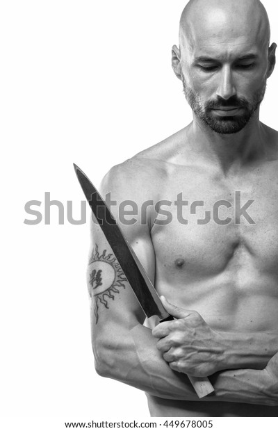 Naked Chef Holding Japanese Knife Foto Stock 449678005 Shutterstock