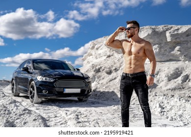 Naked Fit Macho With Sexy Torso. Shirtless Muscular Man With Car.