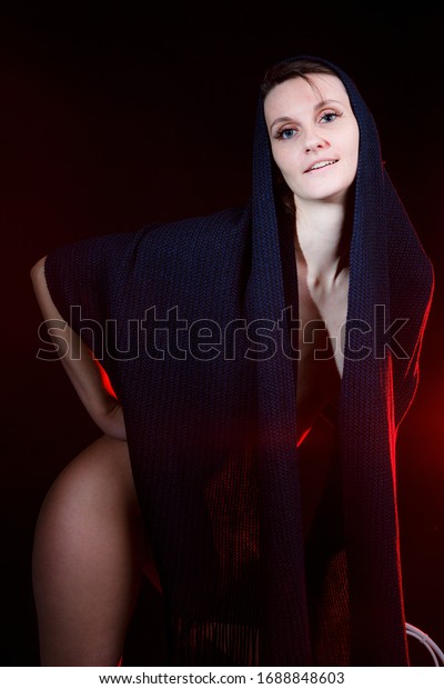 Naked Girl Scarf Red Girl Stands Stock Photo Shutterstock