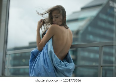 Naked Girl Wrapped Blanket Stands On Stock Photo Edit Now