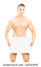 Naked Guy Holding Blank Panel Isolated Stock Photo Shutterstock