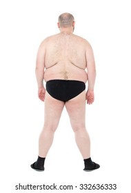 Naked Overweight Man with Big Belly Back View, on white background