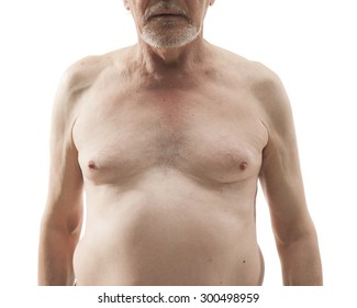 naked senior man with naked torso isolated on white background