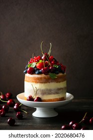 Naked Summer Berries Decorated Rustic Cake, Front View