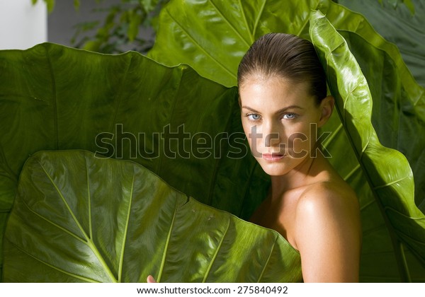 Naked Woman Emerging Giant Leaves Stock Photo Shutterstock