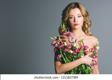 Naked Woman Holding Bouquet Eustoma Flowers ภาพสต็อก 1311837389 ...