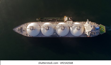 Nakhodka, Russia - July 28, 2017: Tanker RN-Polaris is engaged in bunkering LNG-tanker Energy Progress is anchored in the road.