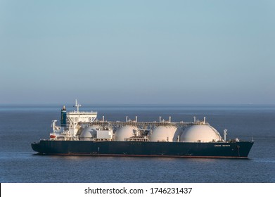 Nakhodka, Russia - May 28, 2020: LNG-tanker Grand Mereya at anchor in the water.