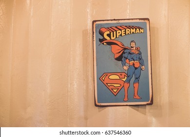 NAKHON NAYOK - APRIL 23 : Poster Old Comic Superman Action Sign Logo Hanging On The Wall In The Shop On April 23, 2017 In Nakhon Nayok Province, Thailand.