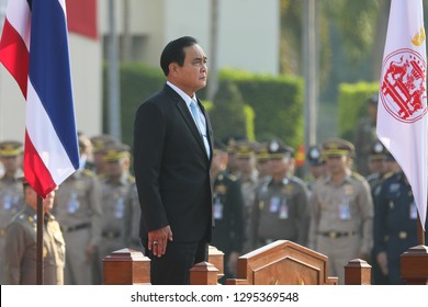 Nakhon Nayok, Thailand-January 25, 2018:  Thai Prime Minister Prayut Chan-o-cha Inspects A Guard Of Honor In A Ceremony To Mark The 61st Established Year Of Armed Forces Academies Preparatory School.