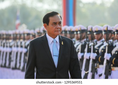 Nakhon Nayok, Thailand-January 25, 2018:  Thai Prime Minister Prayut Chan-o-cha Inspects A Guard Of Honor In A Ceremony To Mark The 61st Established Year Of Armed Forces Academies Preparatory School.