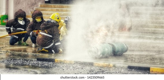 Nakhon Pathom, Thailand - June 13, 2019: Fire Safety Training By A Firefighter In A Virtual Situation