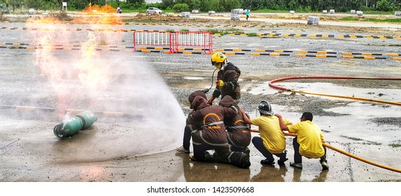 Nakhon Pathom, Thailand - June 13, 2019: Fire Safety Training By A Firefighter In A Virtual Situation