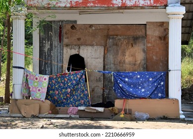 Nakhon Pathom, Thailand - Mar 9, 2020 - Homeless Shelter In Front Of Abandoned Building