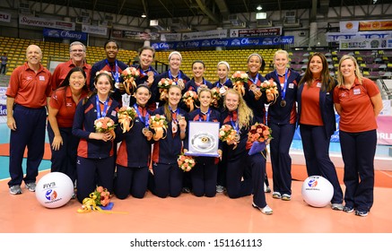 Nakhon Ratchasima, Thailand - AUG 4:USA Volleyball Team With Silver Medal In A FIVB Volleyball GirlsÃ¢Â?Â? U18 World Championship At Chatchai Hall On August 4, 2013 In Nakhon Ratchasima, Thailand.