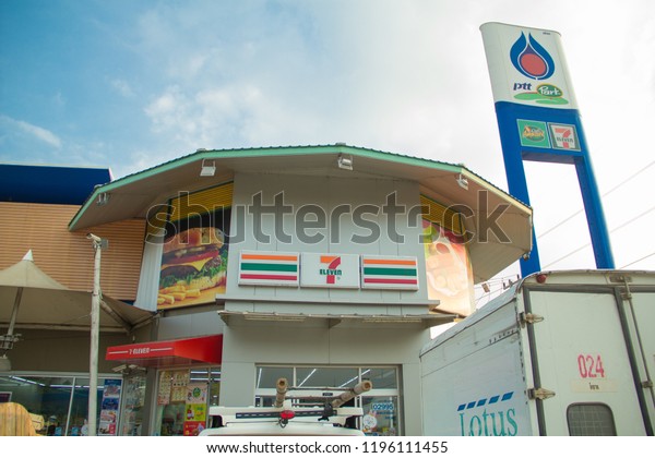 Nakhon Ratchasima,Thailand, October 03,2018,\
7-11 is the best selling and most popular convenience store in\
Thailand because it has the most branches and is open 24 hours a\
day,at PTT Nakon\
Ratchasima