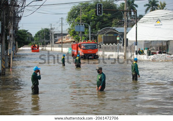 Nakhonratchasima, Thailand - October 21, 2021\
: The Flooded houses. Mass natural disasters and destruction. City\
is flooded after floods and after heavy\
rain.