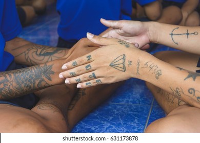 Nakhonsawan Thailand, 5 Apirl 2017: Visit Youth And Do Activities Together In Dept Of Corrections Juvenile Detention Center.tattoo On Hand And Arm.