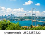 Nakkastepe National Garden panoramic view of the 15 July Martyrs Bridge over Bosphorus Strait and Istanbul business center in european side of the city in the background