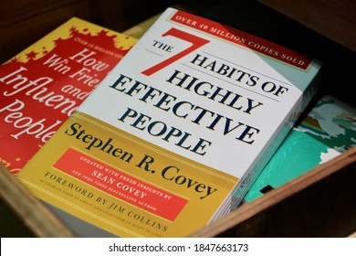 Nakorn Patom, Thailand-Nov 2020: Illustrative Editorial, The 7 Habits Of Effective People By Stephen R. Covey Book In An Old Wooden Drawer With Other Books Close Up Shot In Nakorn Patom, Thailand.