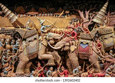 Nakornpathom/Thailand - 02/02/2017: Wood Sculpture Depicts King Naresuan's Elephant Battle With The Crown Prince Of Burma At Don Chedi Memorial