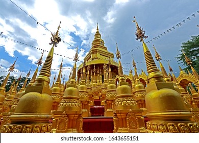 NAKRONAYOK-THAILAND-SEPTEMBER 30 : Traditional Thai style golden pagoda in Thai temple for worship, September 30, 2018 Nakronayok Province, Thailand.