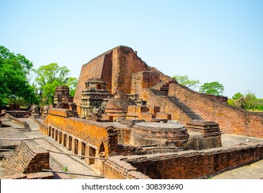 Nalanda University Ruins ,the first Buddhism University with blue clear sky in Bihar  state in India.