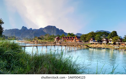 The Nam Song River In Vang Vieng Laos Famous For Tubing, Kayaking, And Swimming.

