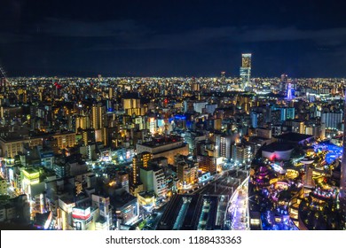 Namba Parks Top View, Osaka, Japan - November 2017 : City Skyline Overlooking Namba District With Winter Night Illumination Show Around Osaka City