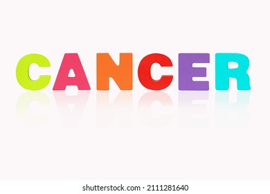 Name CANCER is in 12 Zodiac isolated on white background. Colorful wooden alphabets set sort. English letter made of wood arrange alphabet as categorize suitable for children. Poster, banner design. 