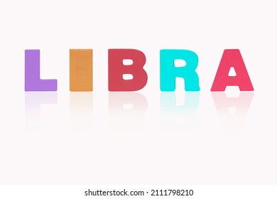 Name LIBRA is in 12 Zodiac isolated on white background. Colorful wooden alphabets set sort. English letter made of wood arrange alphabet as categorize suitable for children. Poster, banner design.  