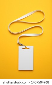 Name Tag Badge Mockup, Event Identification On Yellow Background. 