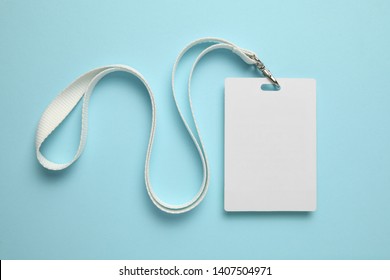 Name tag, badge mockup. Lanyard card blank on blue background. - Shutterstock ID 1407504971