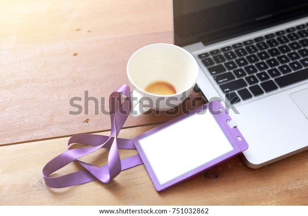 Name Tag Laptop Coffee One Wood Stock Photo Edit Now 751032862